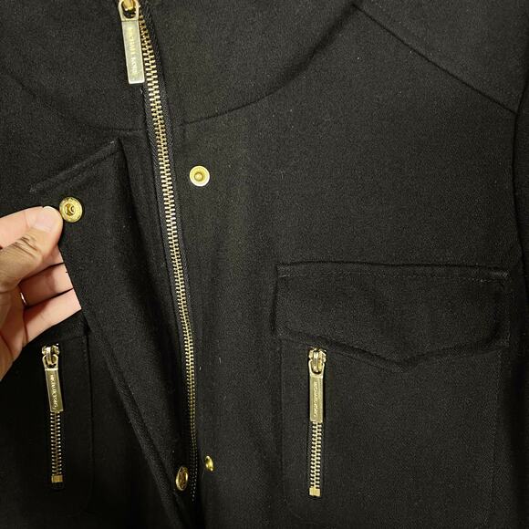 Michael Michael Kors Womens 14 Black Wool Blend Hooded Peacoat Jacket Gold - Picture 10 of 12